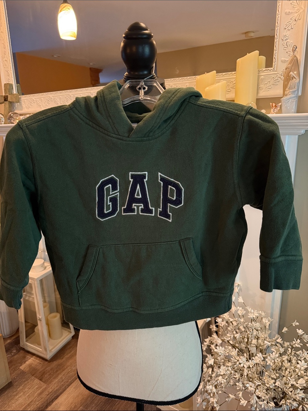 GAP Kids Dark Green Pullover Hoodie with Navy Logo
